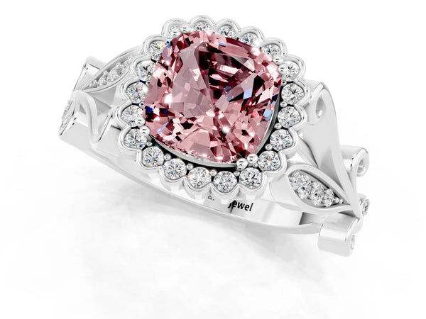 Platinum Cushion Cut Morganite Halo Ring with Vintage Split Shank and Four-Prong Setting