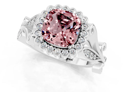 White gold Cushion Cut Morganite Halo Ring with Vintage Split Shank and Four-Prong Setting_25