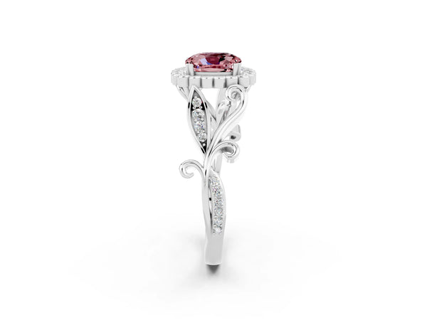 Platinum Cushion Cut Morganite Halo Ring with Vintage Split Shank and Four-Prong Setting