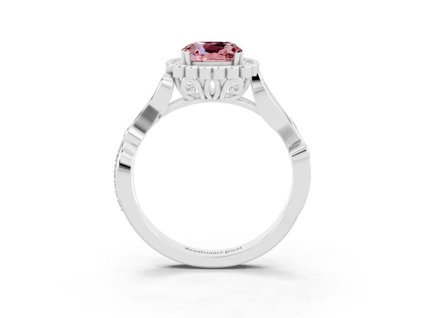 White gold Cushion Cut Morganite Halo Ring with Vintage Split Shank and Four-Prong Setting