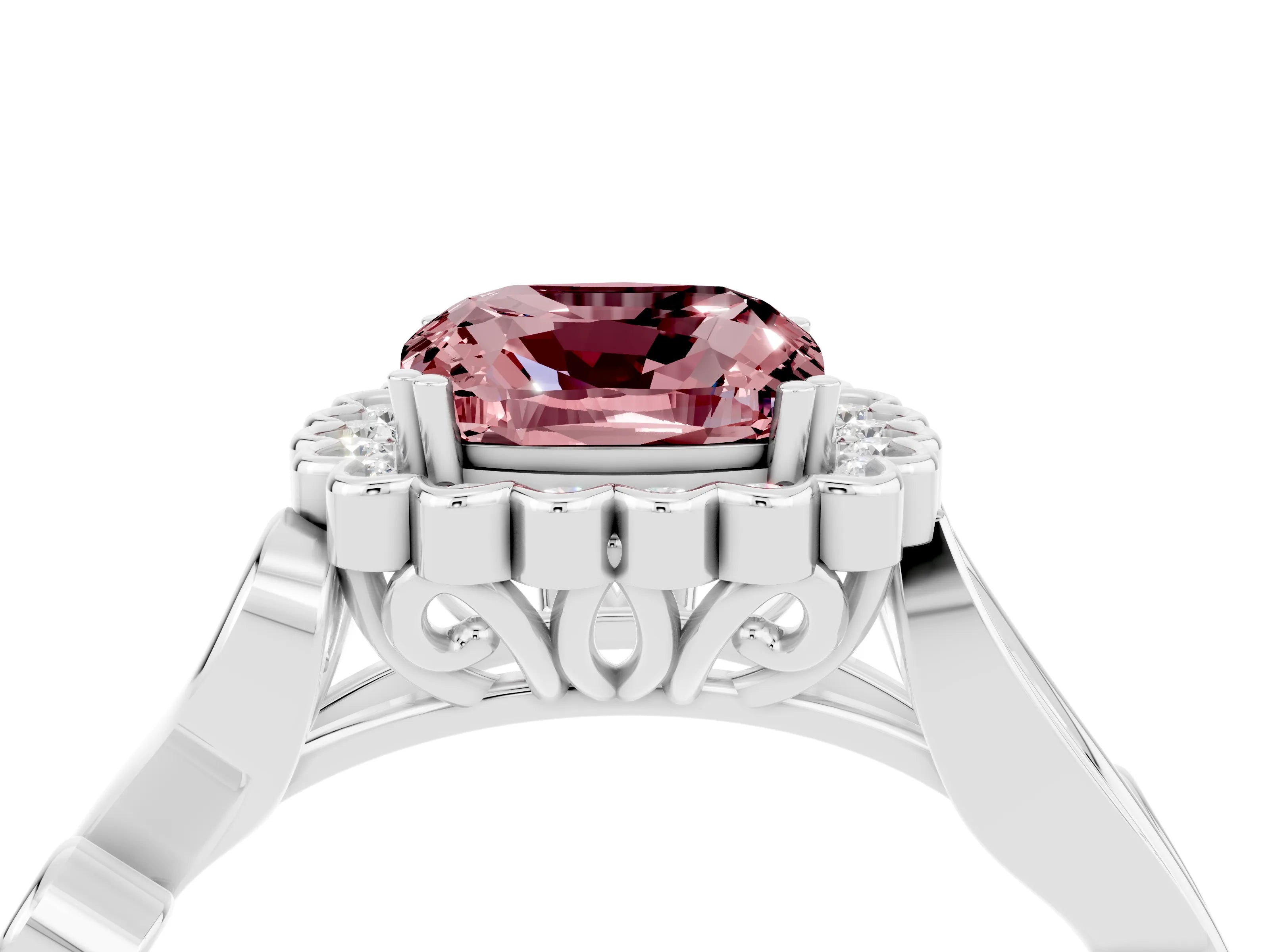 White gold Cushion Cut Morganite Halo Ring with Vintage Split Shank and Four-Prong Setting_28