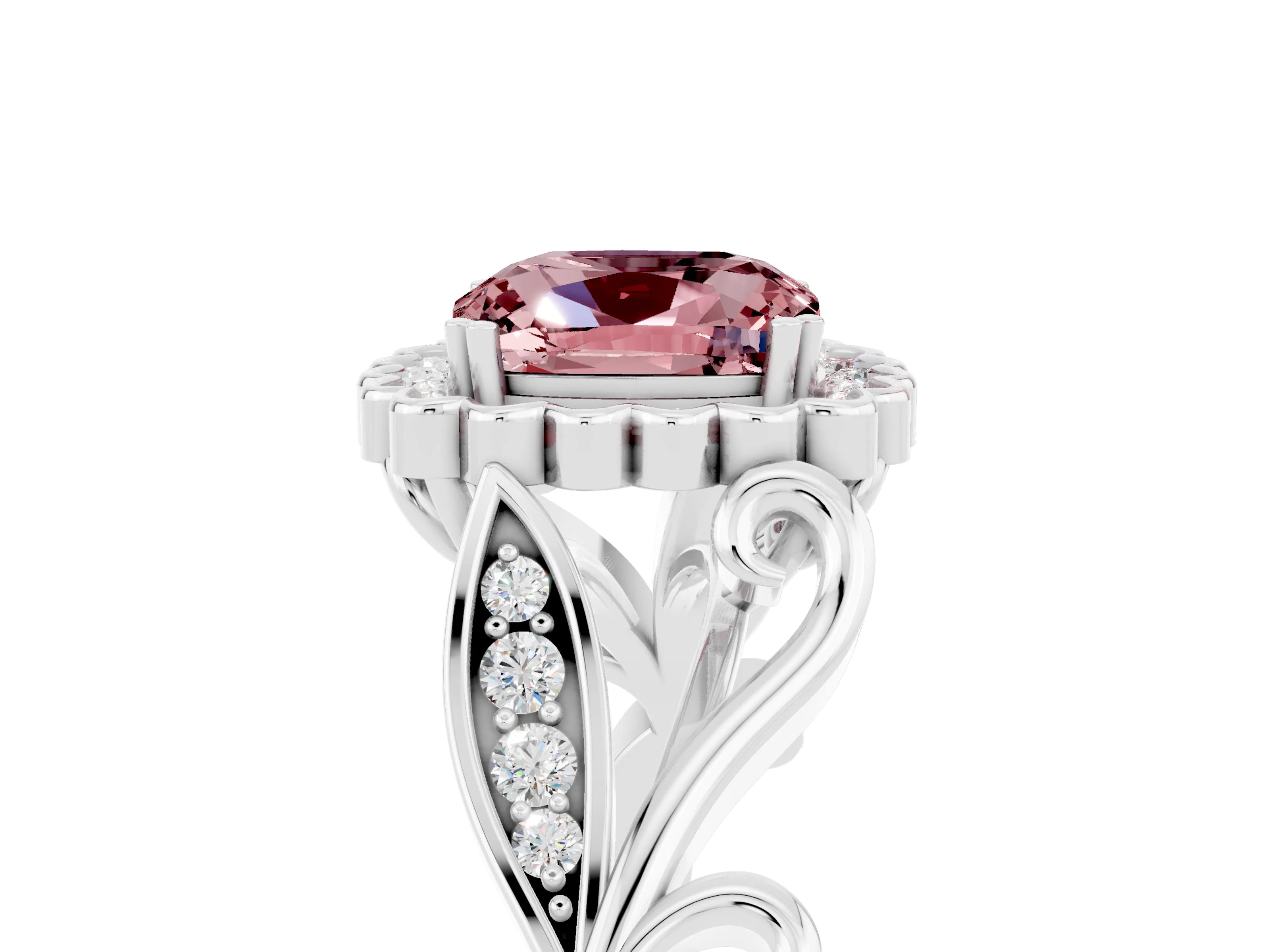 White gold Cushion Cut Morganite Halo Ring with Vintage Split Shank and Four-Prong Setting_29