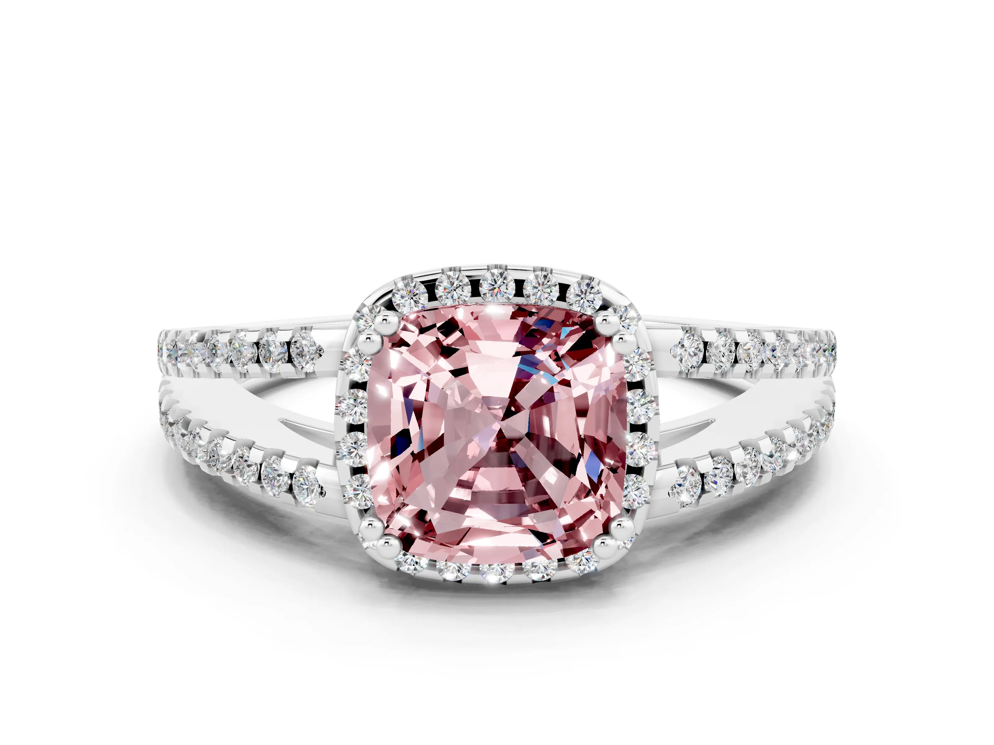 White gold Cushion Cut Morganite Halo Split Shank Engagement Ring_12