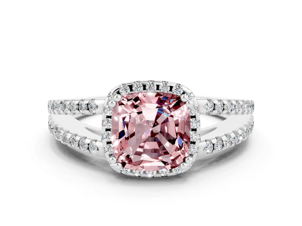 Silver Cushion Cut Morganite Halo Split Shank Engagement Ring