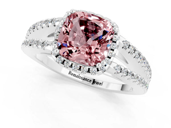 Platinum Cushion Cut Morganite Halo Split Shank Engagement Ring