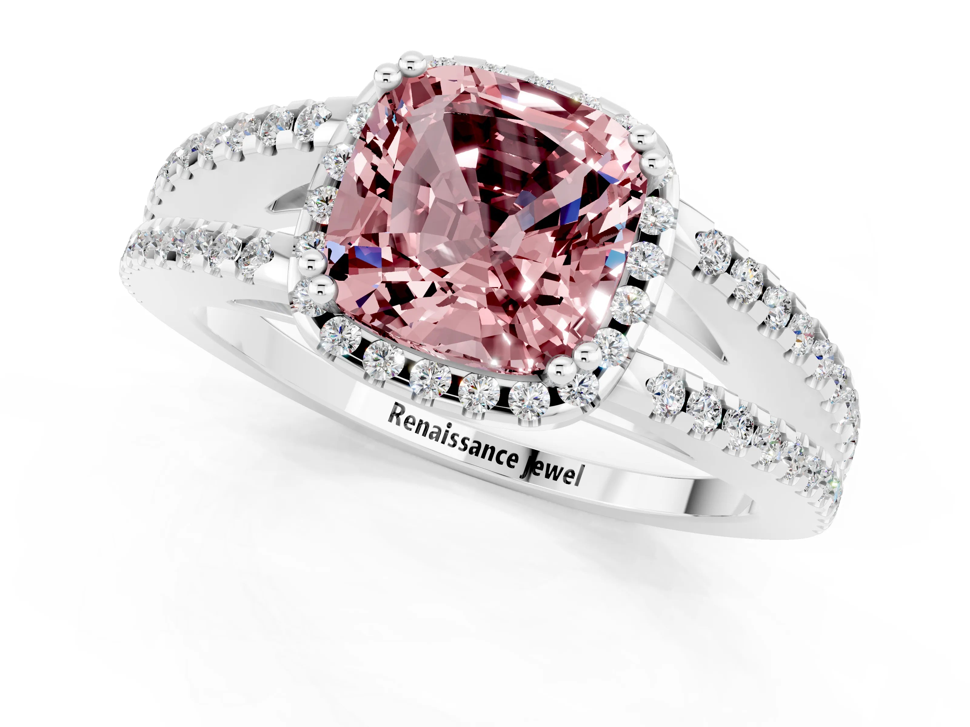 White gold Cushion Cut Morganite Halo Split Shank Engagement Ring_13