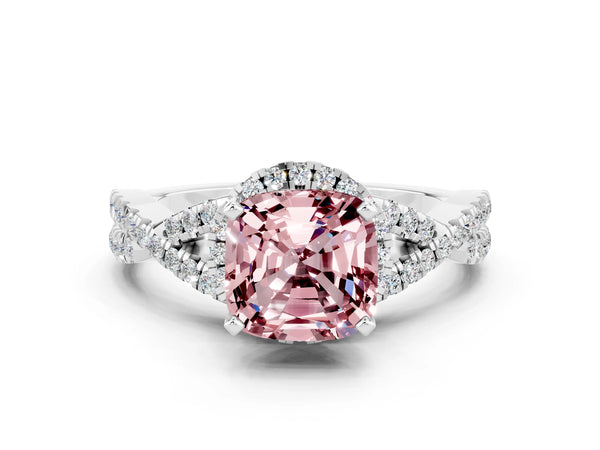 Platinum Cushion Cut Morganite  Halo Twist Band Solitaire Prong Setting Ring
