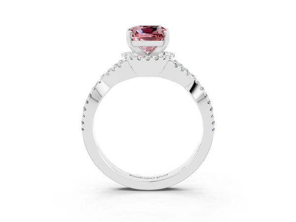 Platinum Cushion Cut Morganite  Halo Twist Band Solitaire Prong Setting Ring