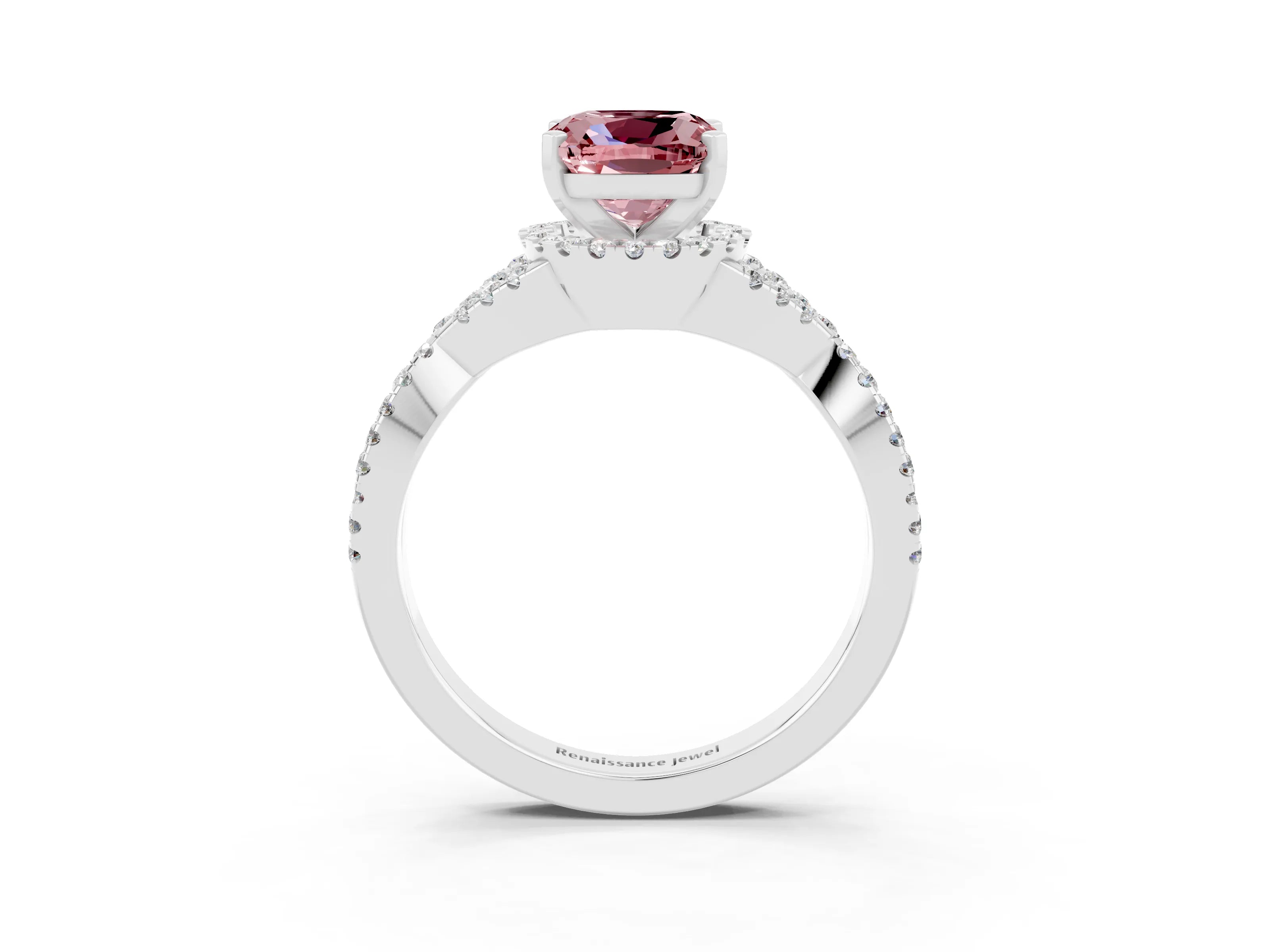 White gold Cushion Cut Morganite Halo Twist Band Solitaire Prong Setting Ring_3