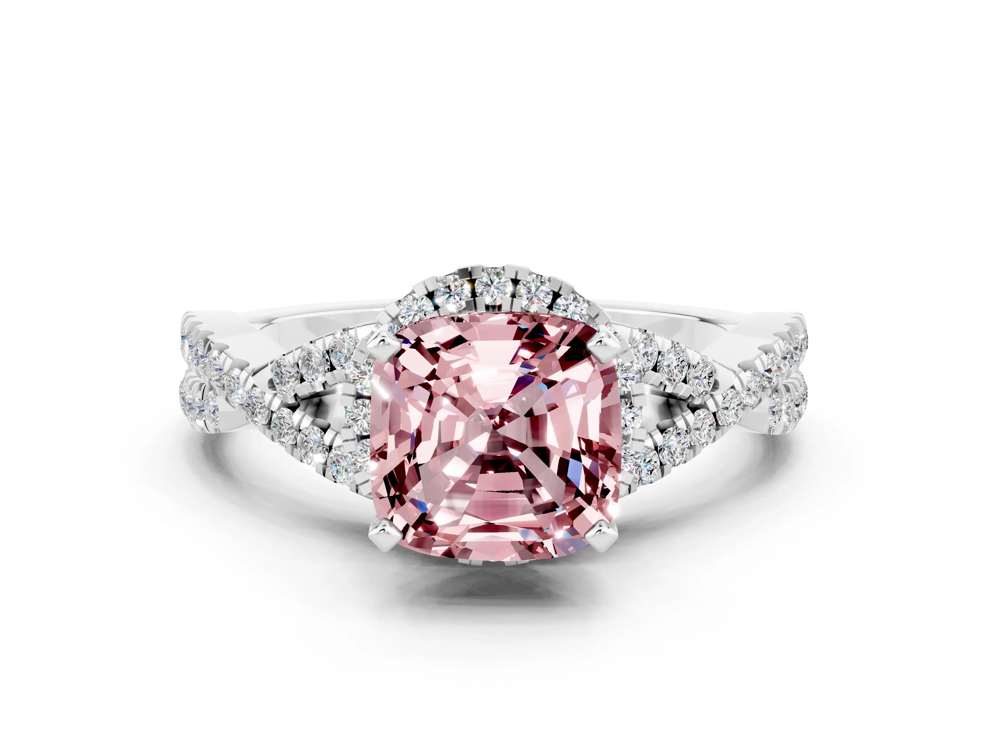 White gold Cushion Cut Morganite Halo Twist Band Solitaire Prong Setting Ring