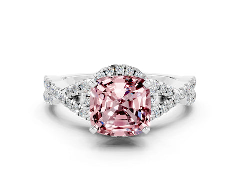 White gold Cushion Cut Morganite Halo Twist Band Solitaire Prong Setting Ring