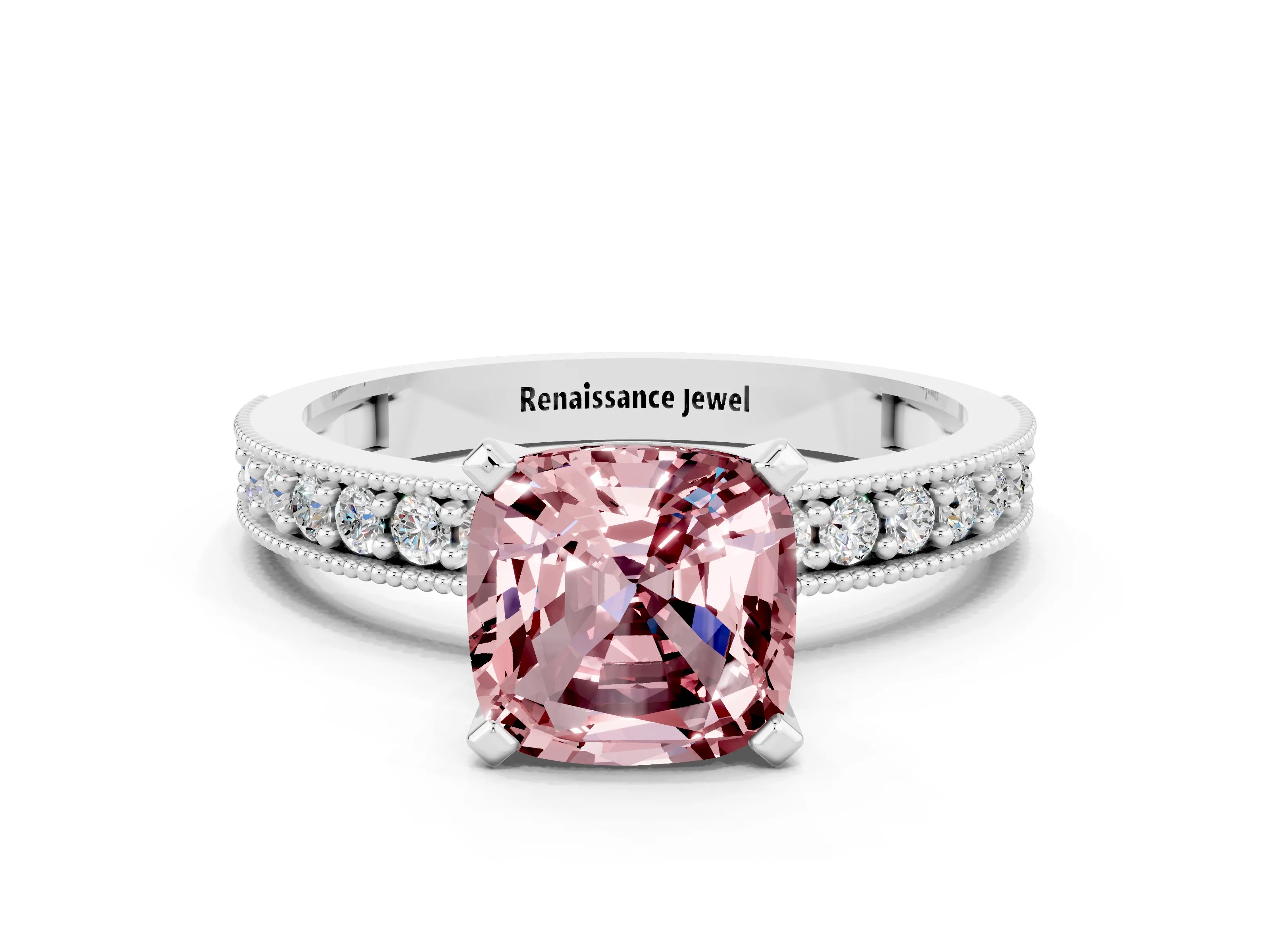 White gold Cushion Cut Morganite Milgrain Pavé Engagement Ring with Four-Prong Setting_12