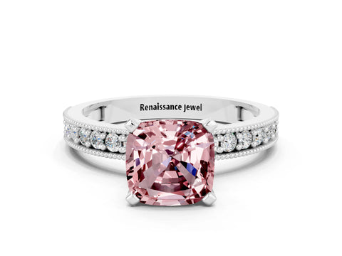 White gold Cushion Cut Morganite Milgrain Pavé Engagement Ring with Four-Prong Setting_12