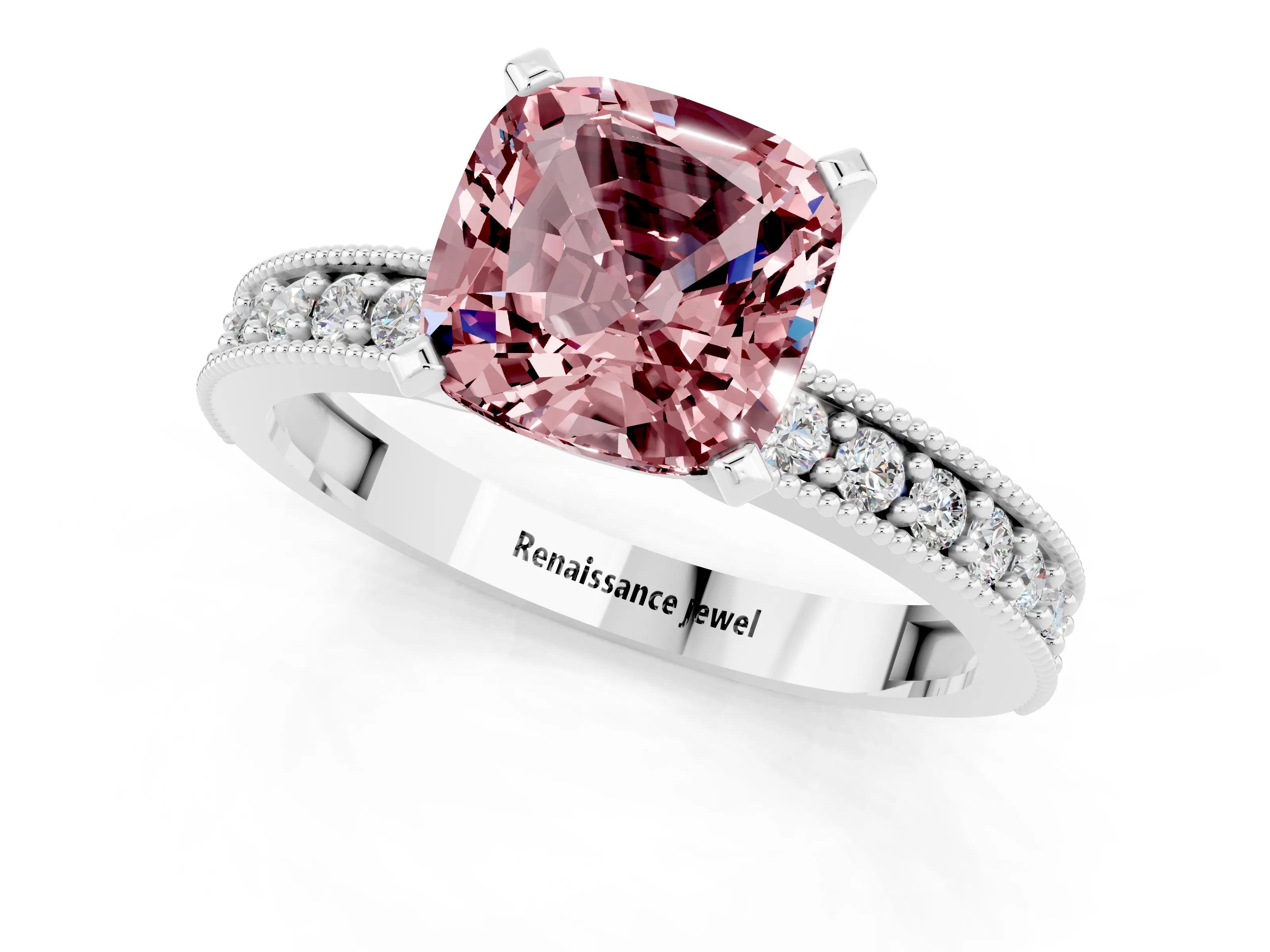White gold Cushion Cut Morganite Milgrain Pavé Engagement Ring with Four-Prong Setting_13