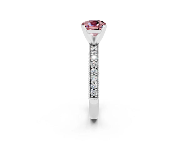 Platinum Cushion Cut Morganite Milgrain Pavé Engagement Ring with Four-Prong Setting