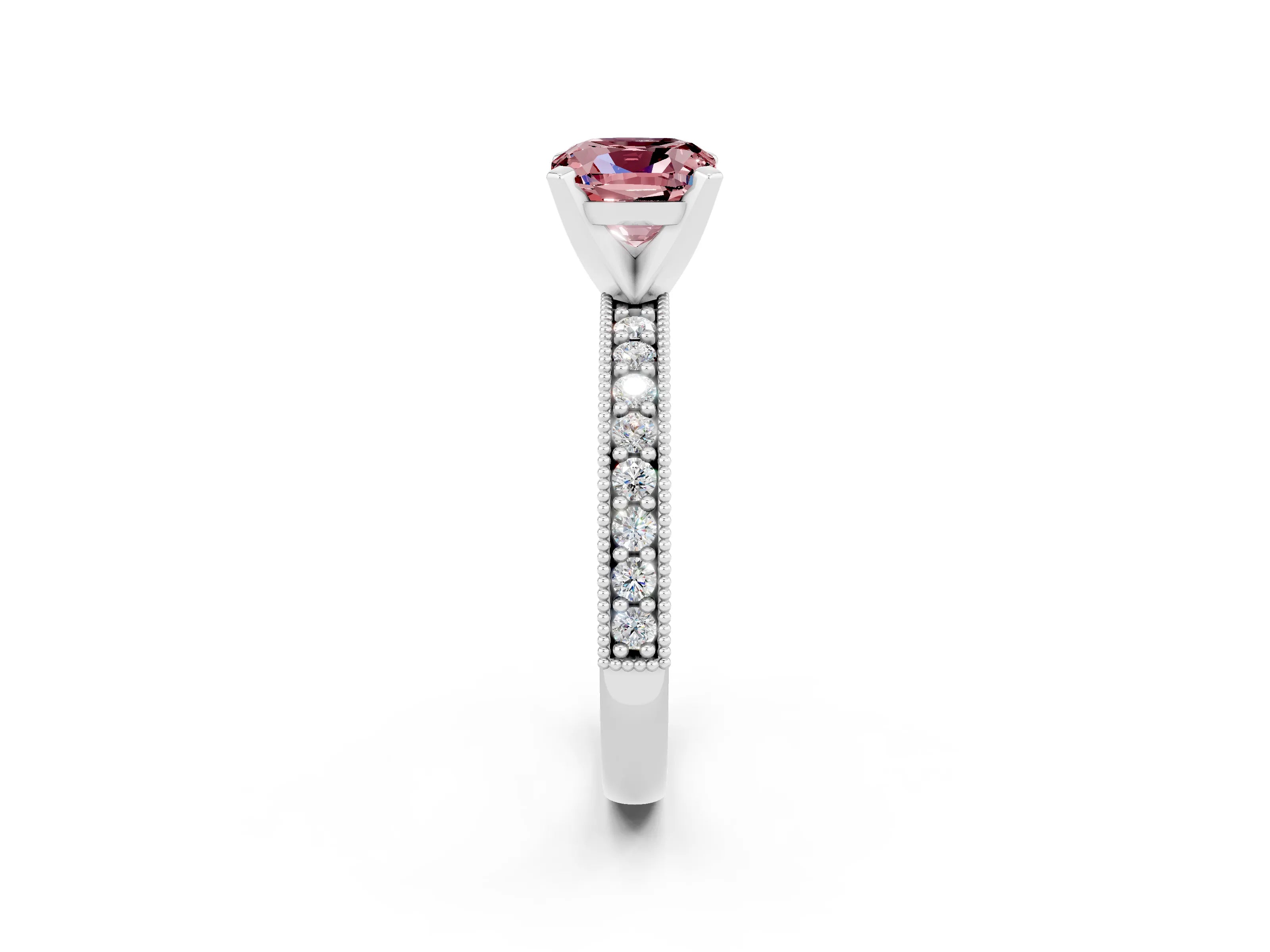 White gold Cushion Cut Morganite Milgrain Pavé Engagement Ring with Four-Prong Setting_14