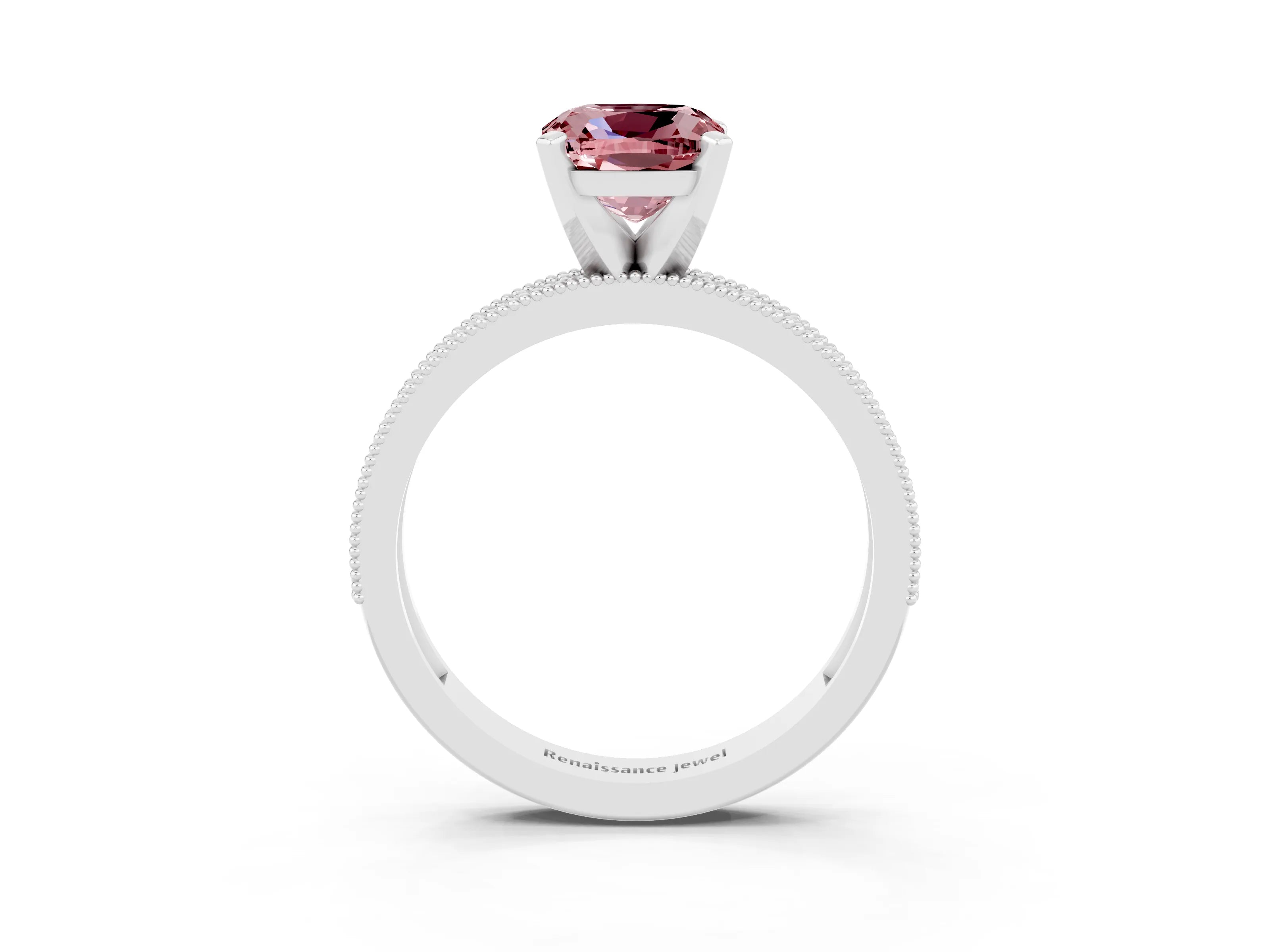 White gold Cushion Cut Morganite Milgrain Pavé Engagement Ring with Four-Prong Setting_15