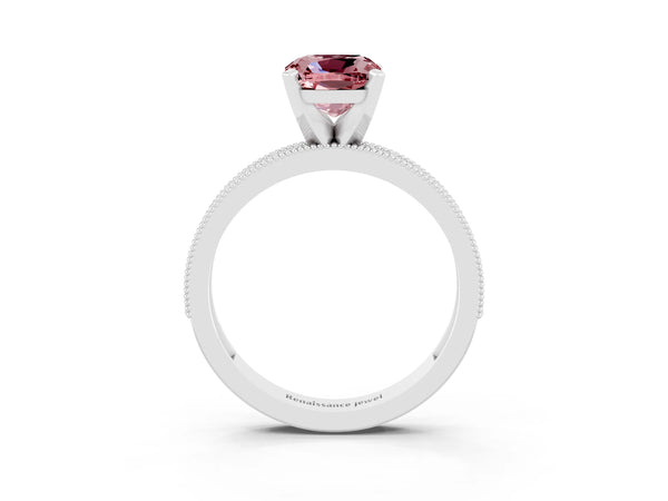Silver Cushion Cut Morganite Milgrain Pavé Engagement Ring with Four-Prong Setting