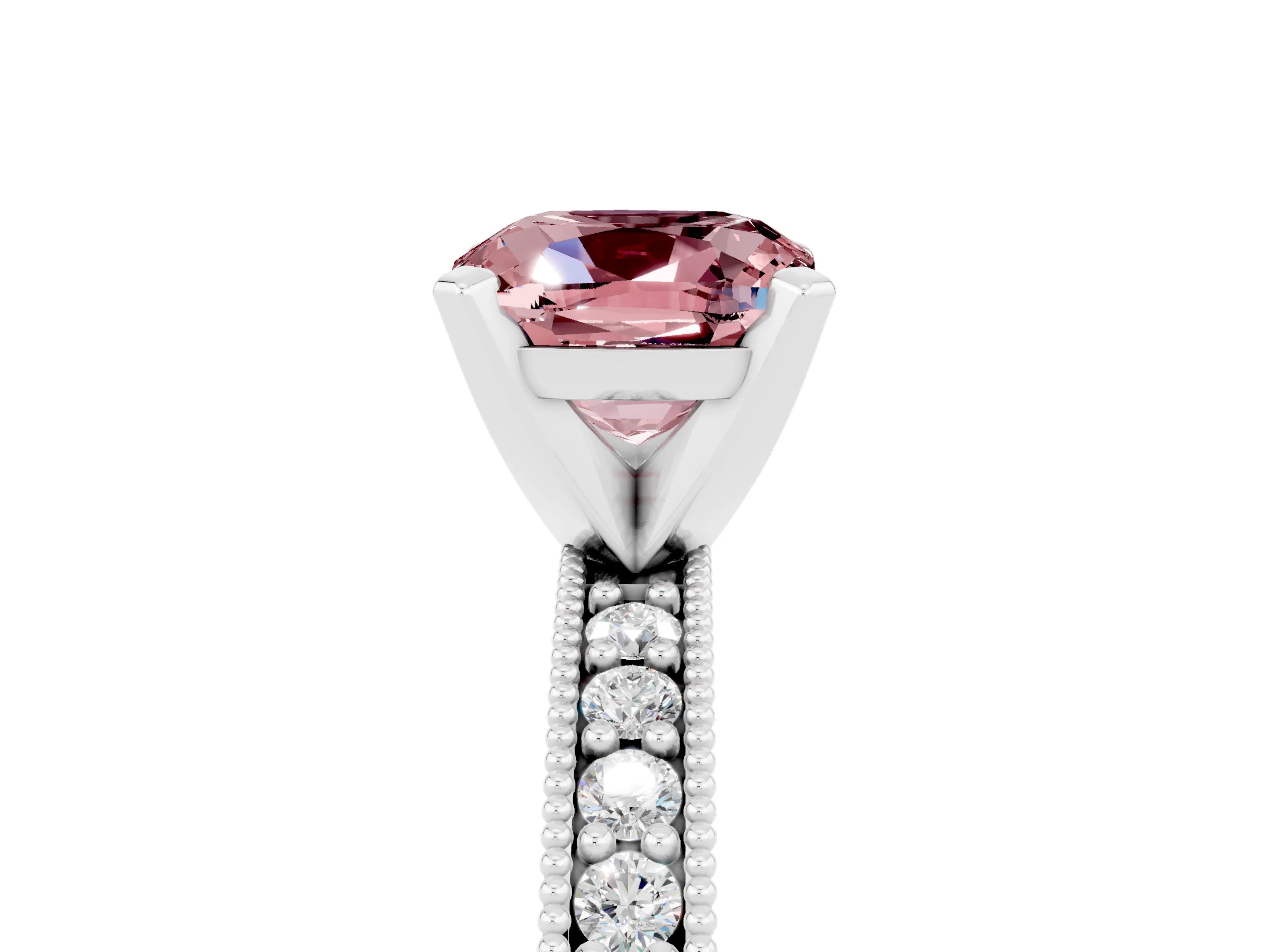 White gold Cushion Cut Morganite Milgrain Pavé Engagement Ring with Four-Prong Setting_17