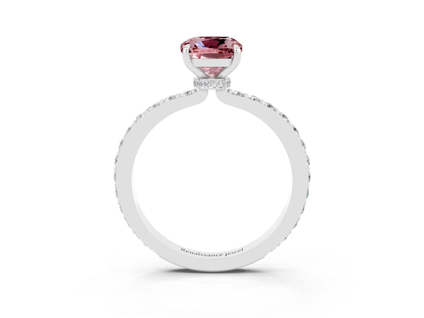 Silver Cushion Cut Morganite Pavé Engagement Ring with Round  Accents and Prong Setting