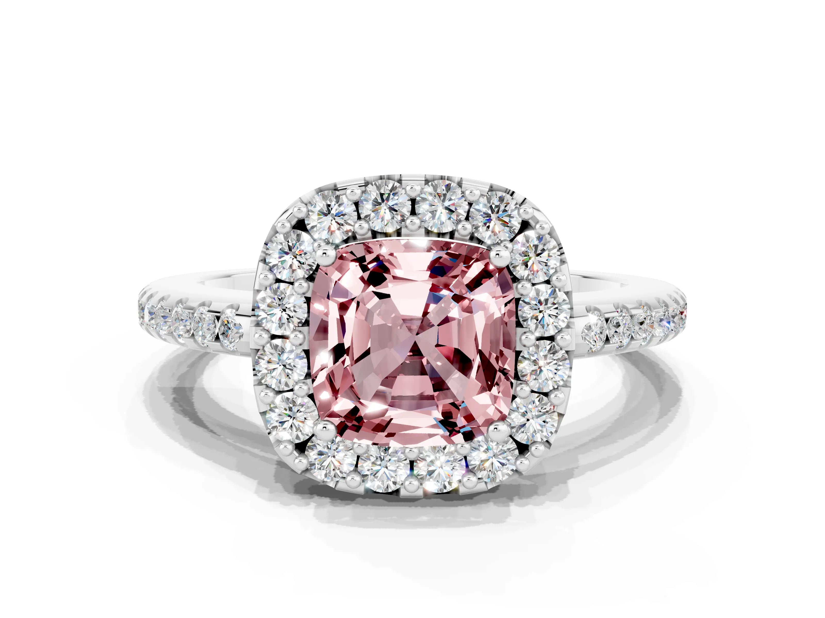 White gold Cushion Cut Morganite Pavé Halo Ring with Four-Prong Setting_12