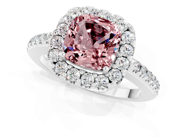 White gold Cushion Cut Morganite Pavé Halo Ring with Four-Prong Setting