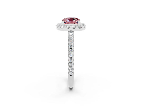 Silver Cushion Cut Morganite Pavé Halo Ring with Four-Prong Setting