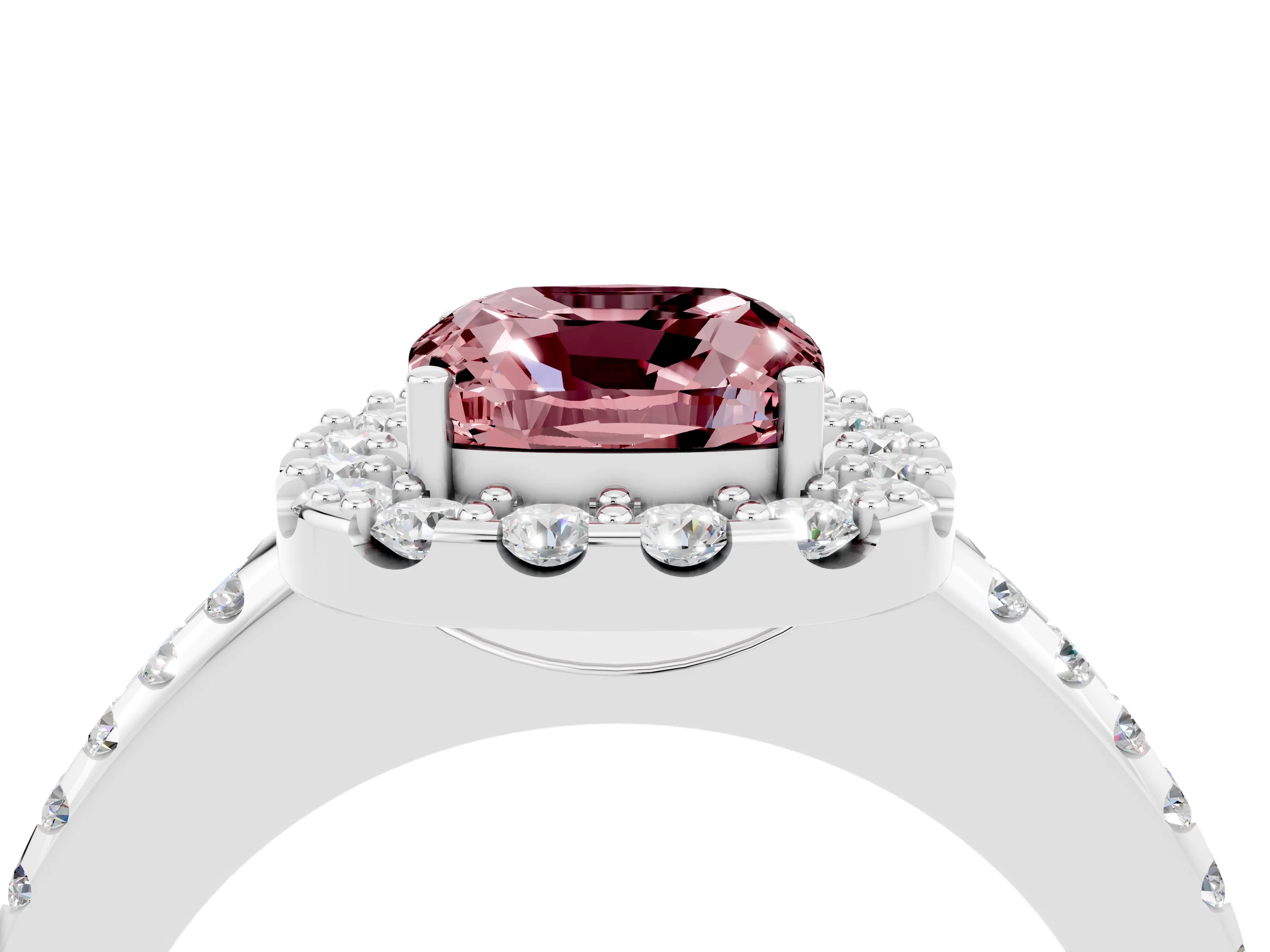 White gold Cushion Cut Morganite Pavé Halo Ring with Four-Prong Setting_16