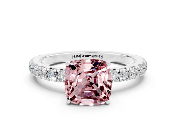 Platinum Cushion Cut Morganite Pavé Solitaire Engagement Ring with Four-Prong Setting