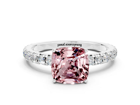 White gold Cushion Cut Morganite Pavé Solitaire Engagement Ring with Four-Prong Setting_12