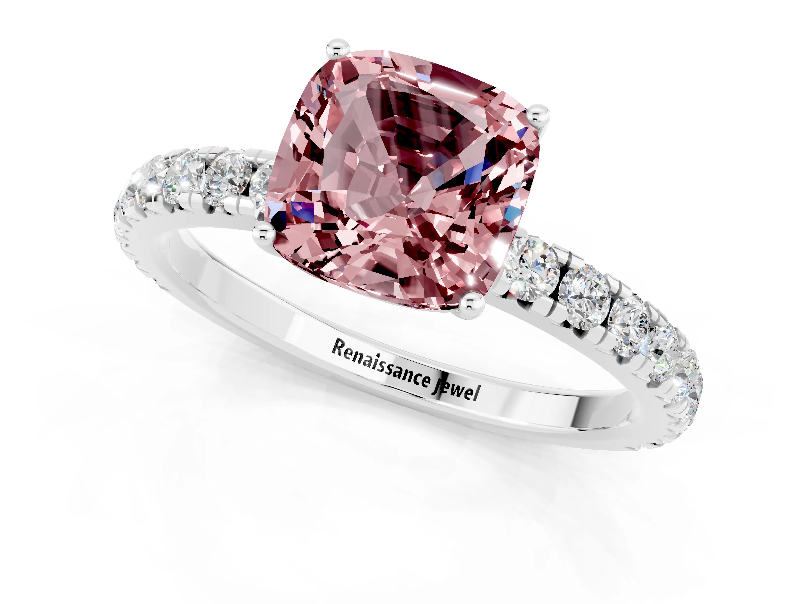 White gold Cushion Cut Morganite Pavé Solitaire Engagement Ring with Four-Prong Setting_13