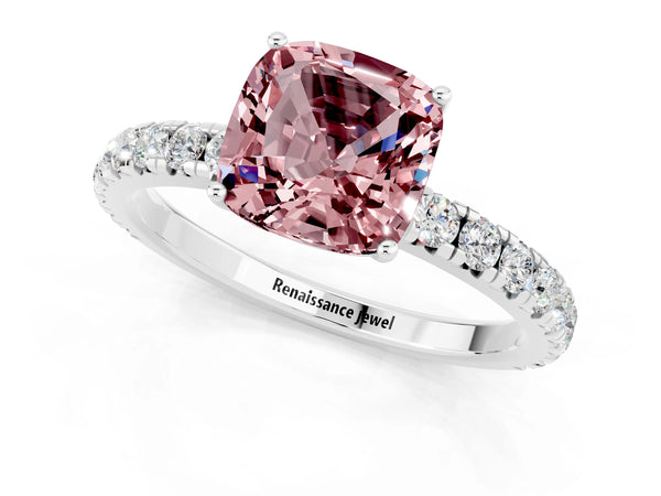 Silver Cushion Cut Morganite Pavé Solitaire Engagement Ring with Four-Prong Setting