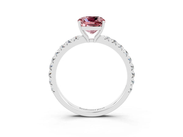 Silver Cushion Cut Morganite Pavé Solitaire Engagement Ring with Four-Prong Setting