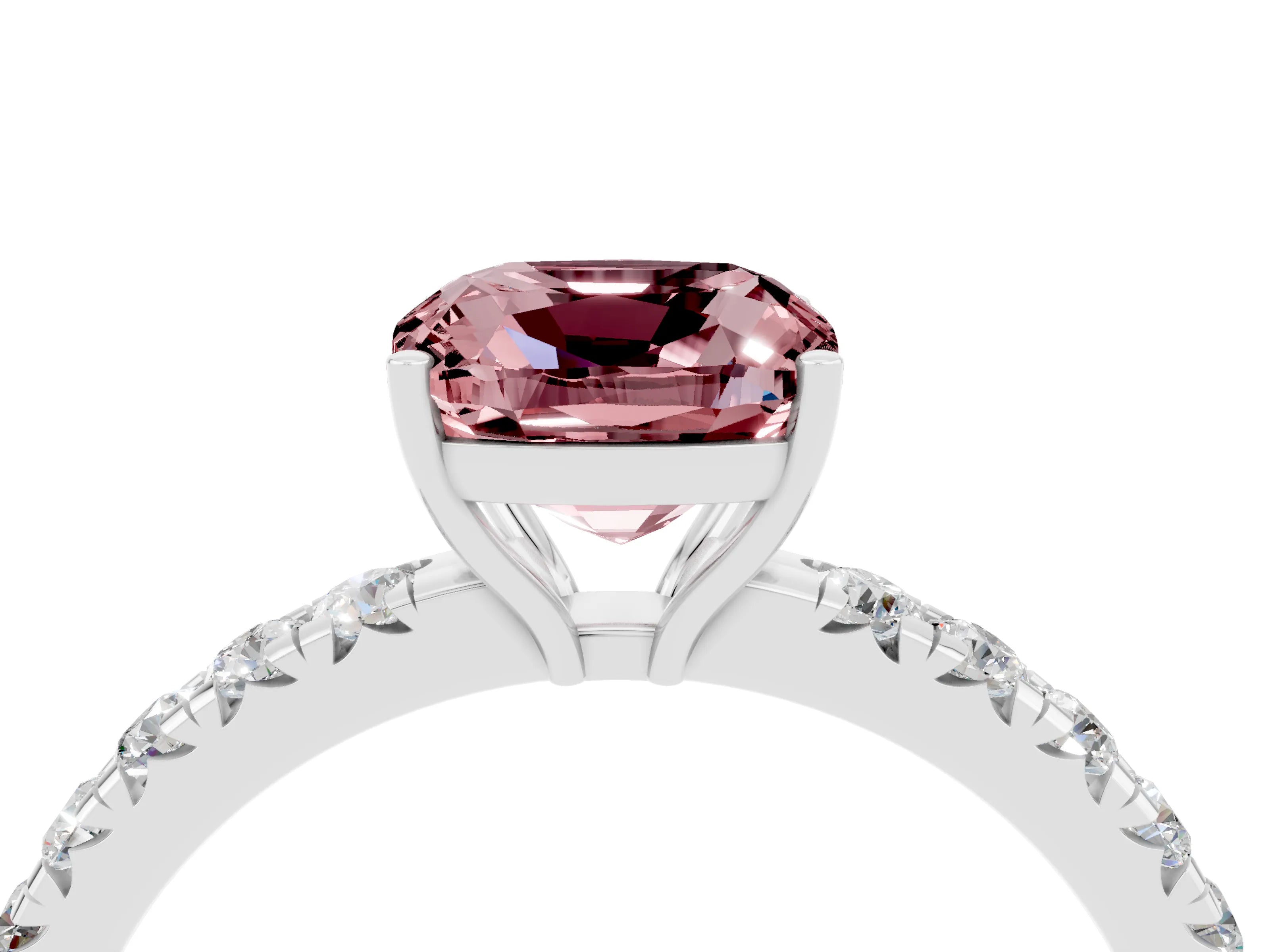 White gold Cushion Cut Morganite Pavé Solitaire Engagement Ring with Four-Prong Setting_16