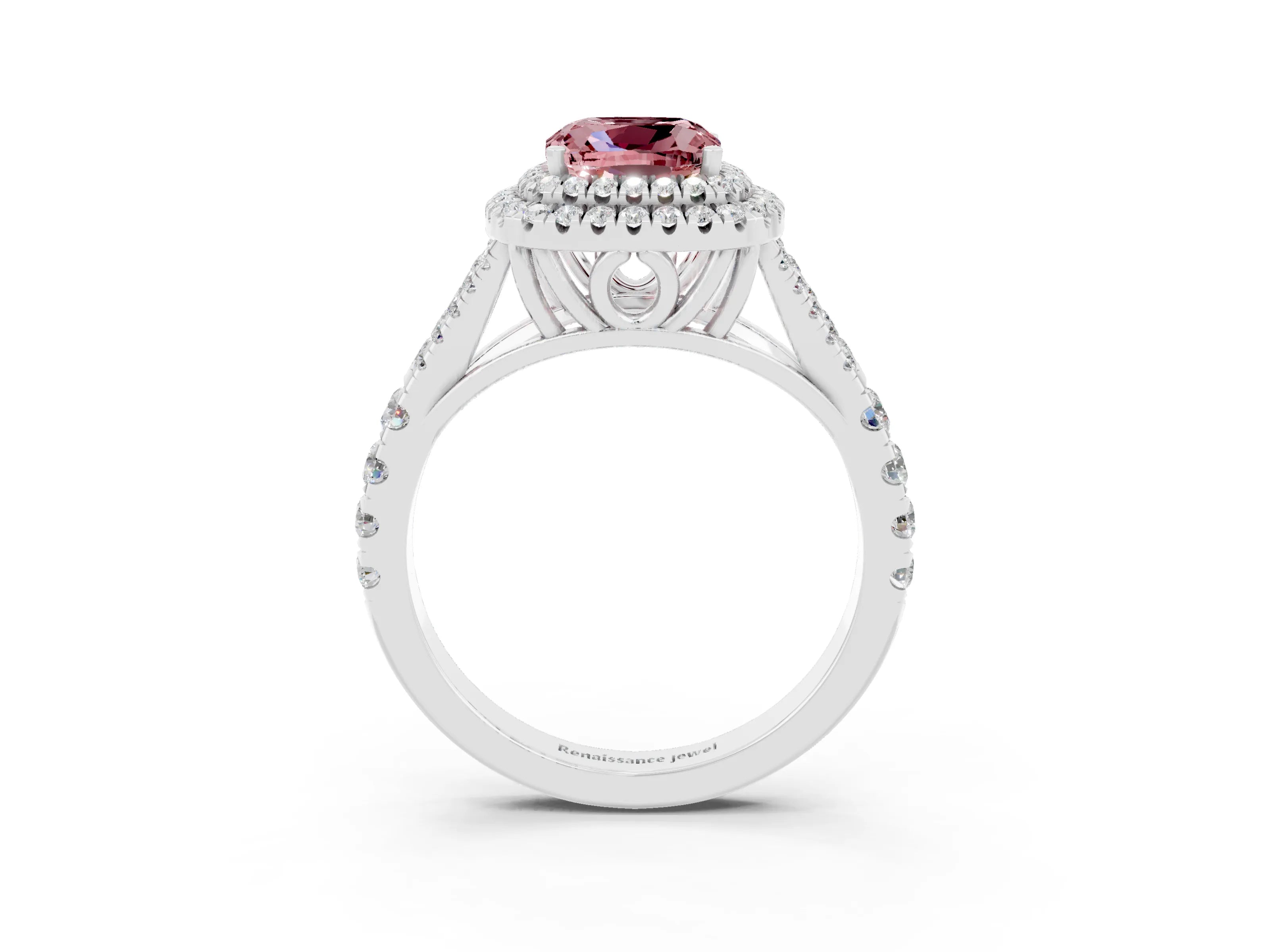 White gold Cushion Cut Morganite Pavé Split Shank Double Halo Engagement Ring_3
