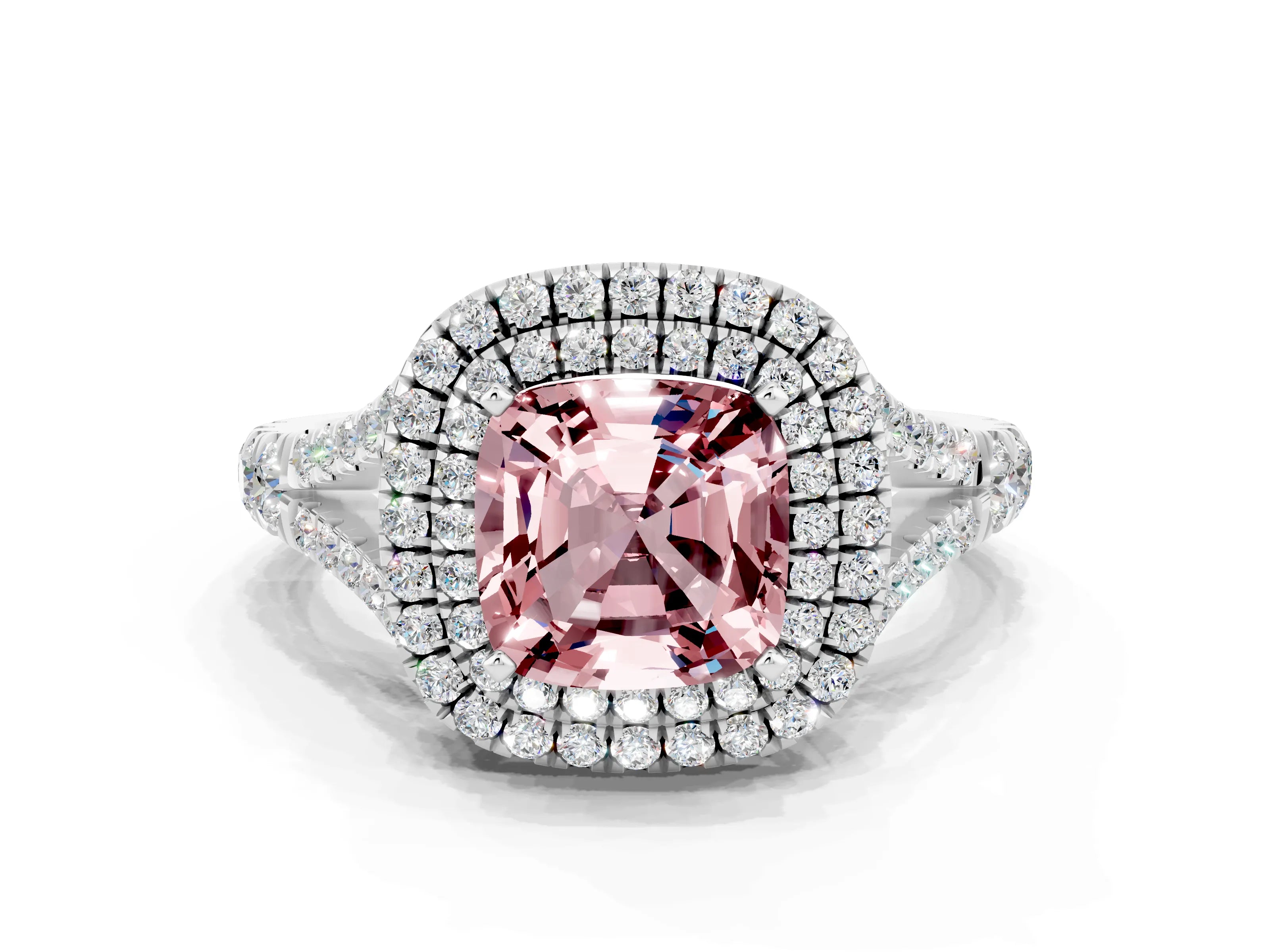 White gold Cushion Cut Morganite Pavé Split Shank Double Halo Engagement Ring