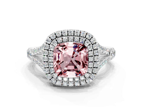White gold Cushion Cut Morganite Pavé Split Shank Double Halo Engagement Ring
