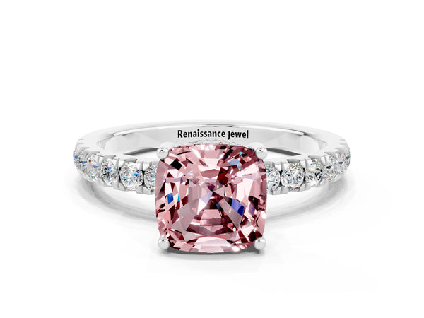 White gold Cushion Cut Morganite Pave Band Solitaire Ring with Round  and Prong Setting