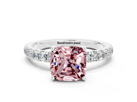 White gold Cushion Cut Morganite Pave Band Solitaire Ring with Four-Prong Setting_24
