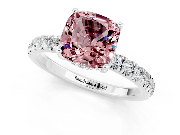 Platinum Cushion Cut Morganite Pave Band Solitaire Ring with Round  and Prong Setting