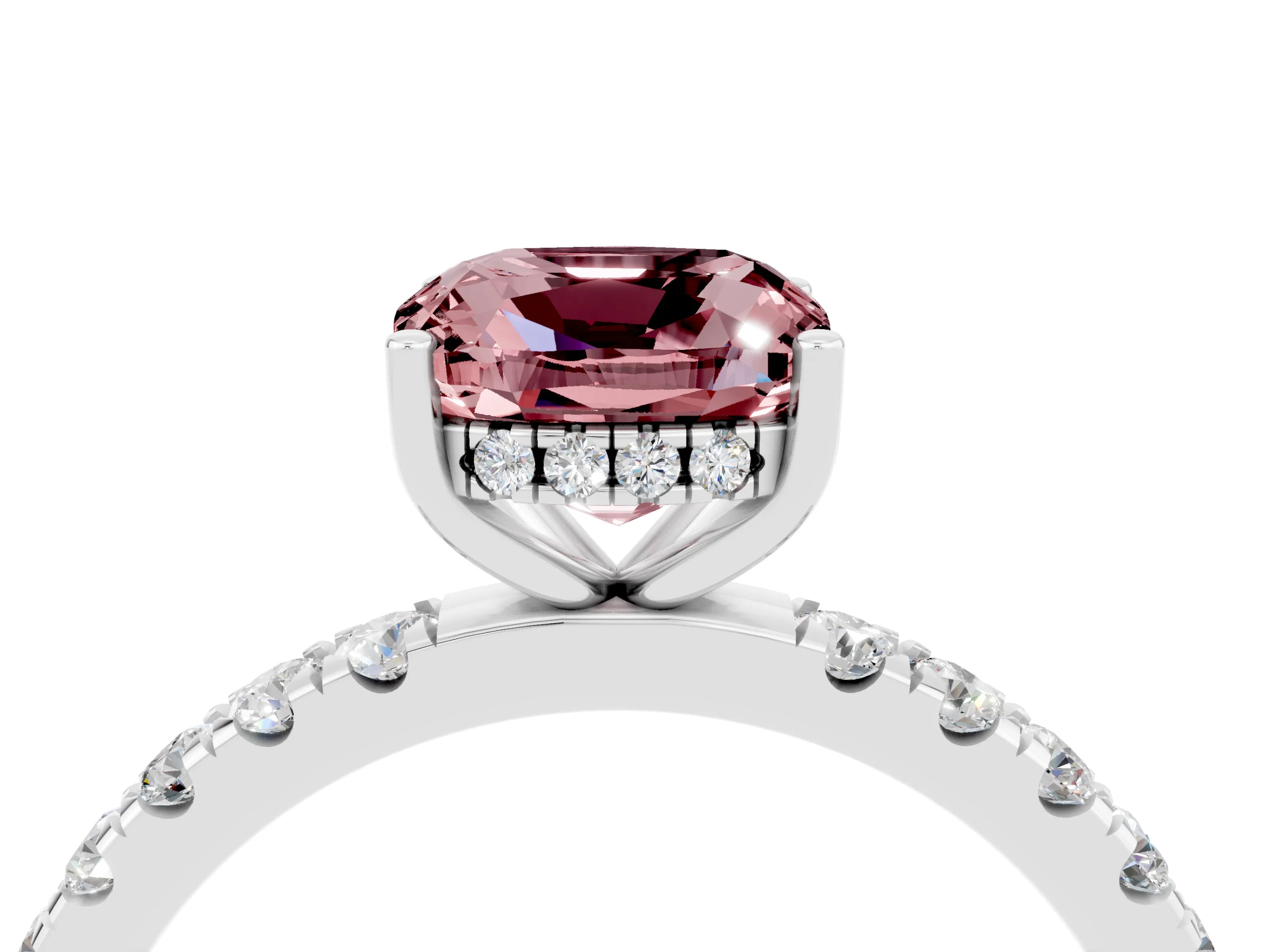 White gold Cushion Cut Morganite Pave Band Solitaire Ring with Four-Prong Setting_28