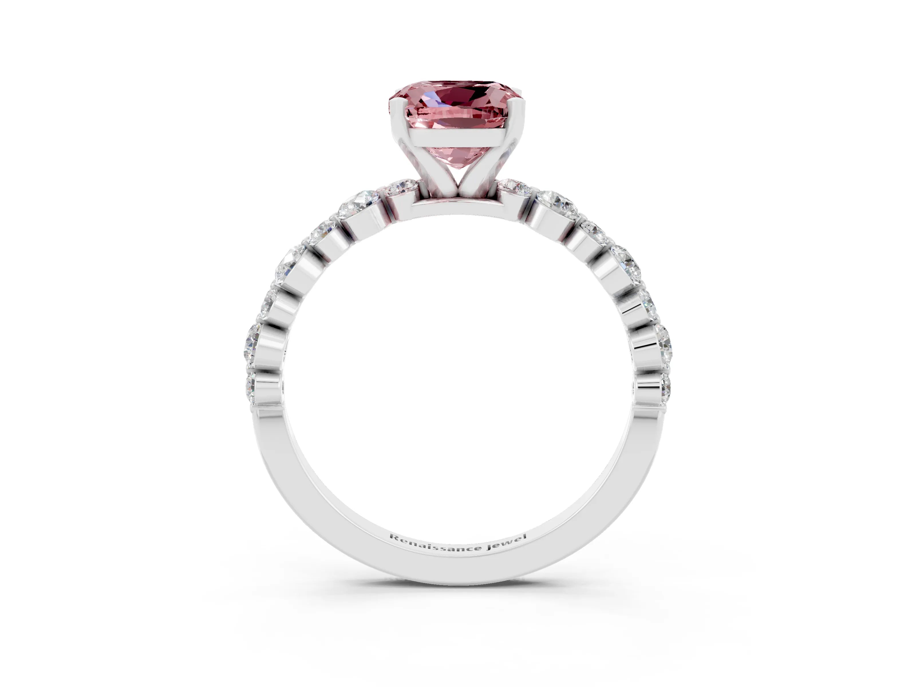 White gold Cushion Cut Morganite Prong Set Engagement Ring with Pavé Band_3