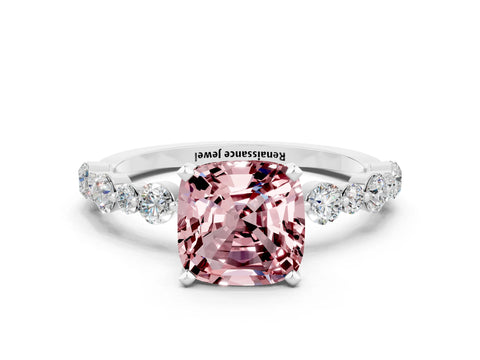 White gold Cushion Cut Morganite Prong Set Engagement Ring with Pavé Band