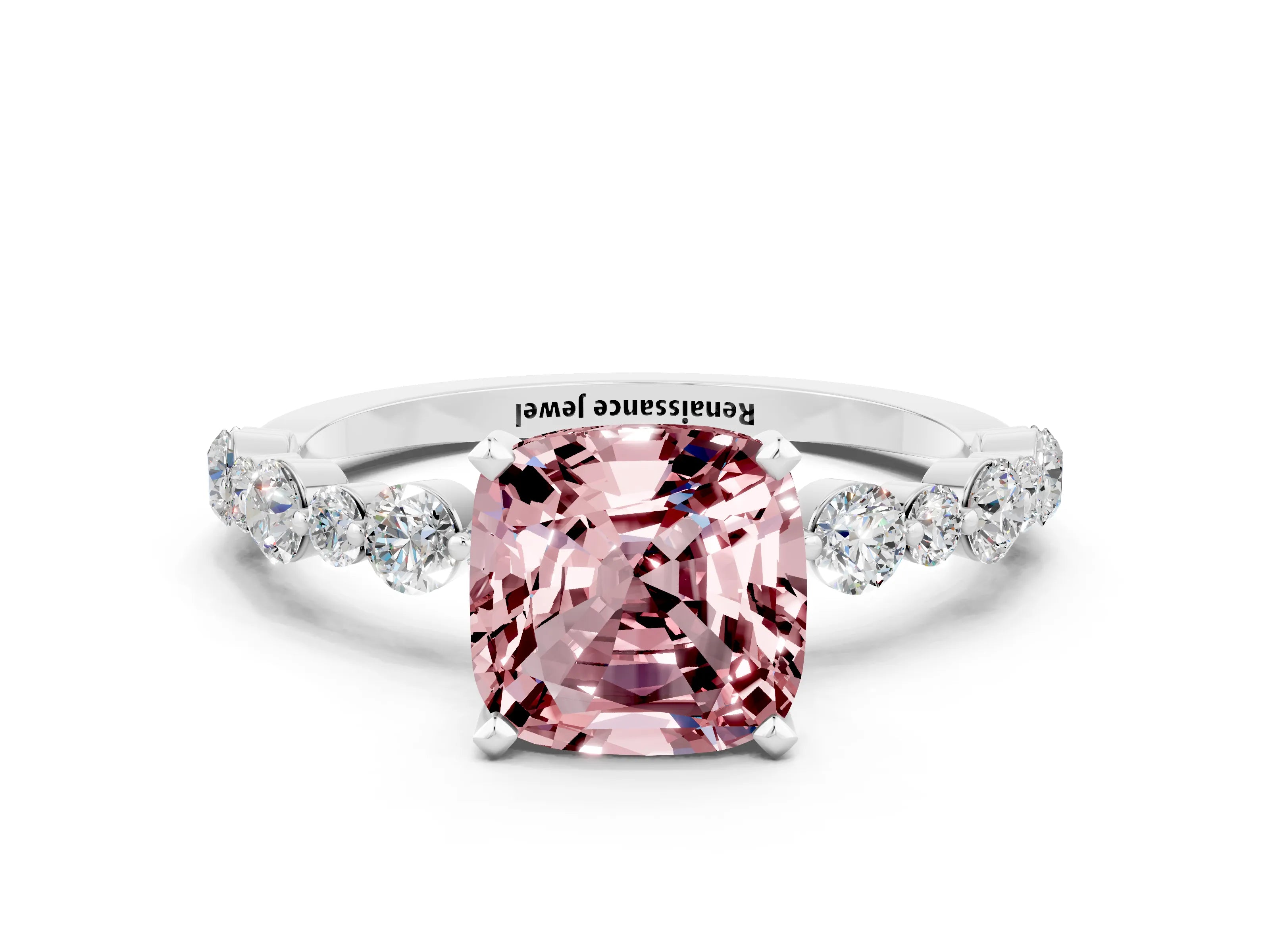 White gold Cushion Cut Morganite Prong Set Engagement Ring with Pavé Band