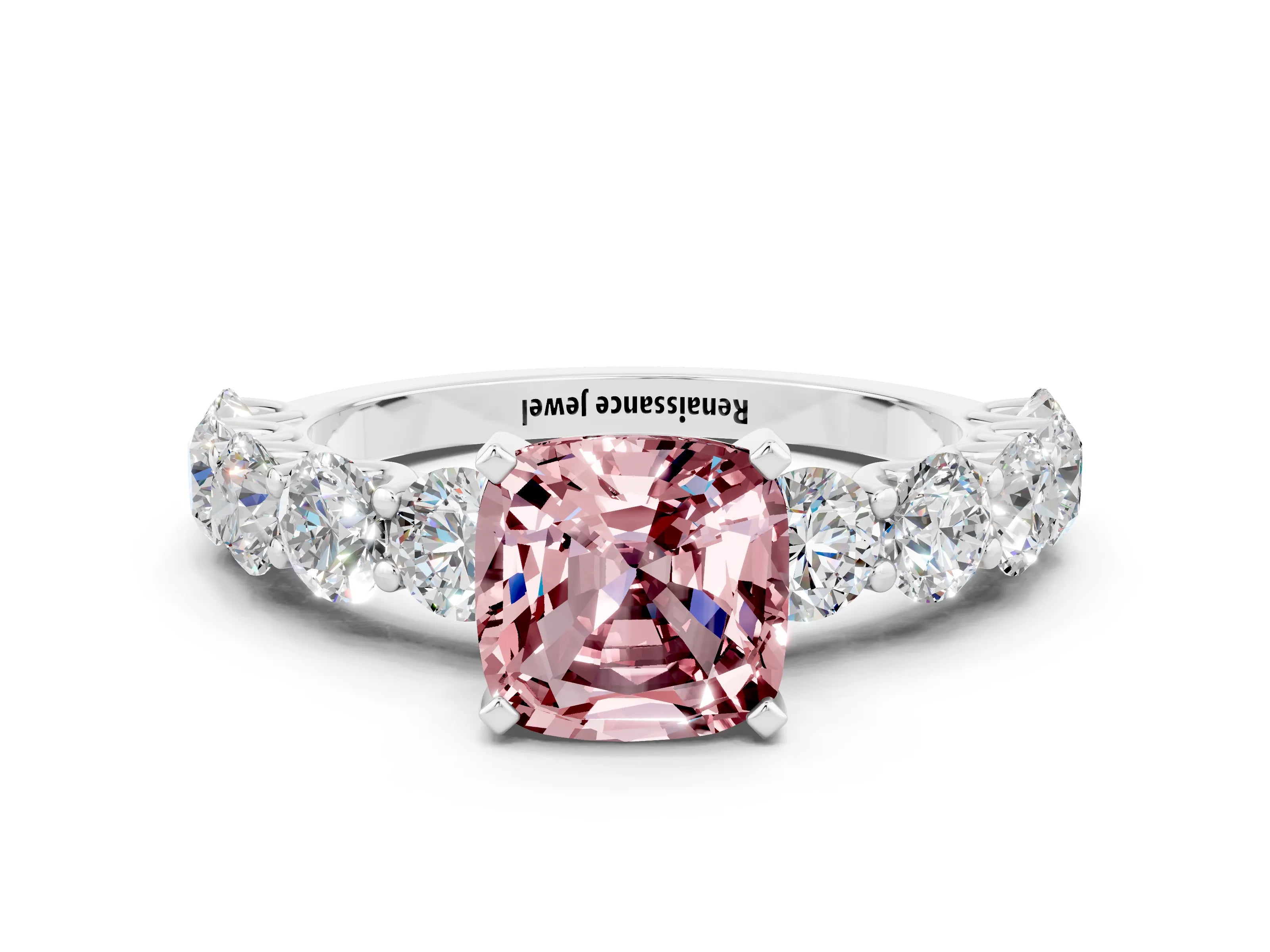 White gold Cushion Cut Morganite Prong Setting with Side Stones on a Pave Band