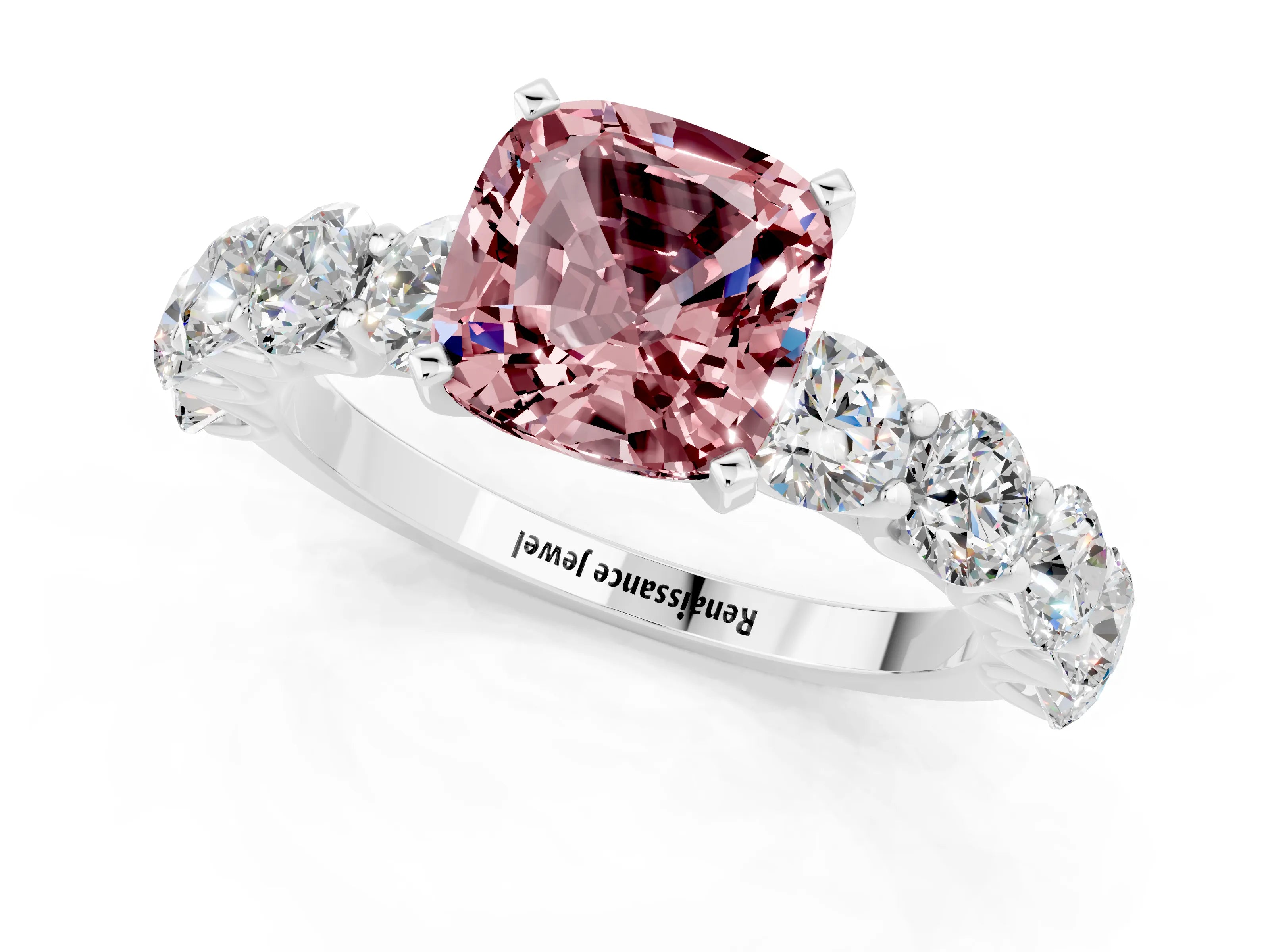 White gold Cushion Cut Morganite Prong Setting with Side Stones on a Pave Band_1