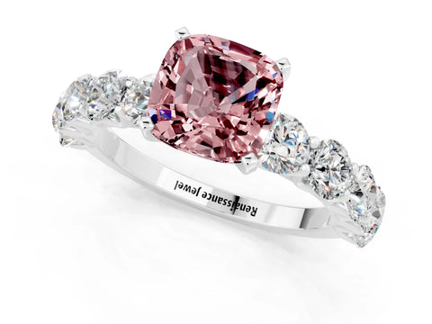 White gold Cushion Cut Morganite Prong Setting with Side Stones on a Pave Band_1