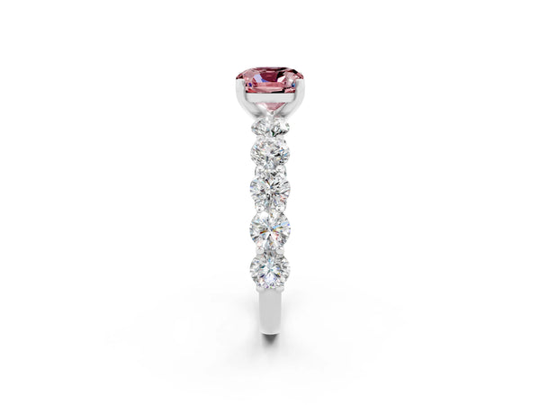 Platinum Cushion Cut Morganite Prong Setting with Side Stones on a Pave Band