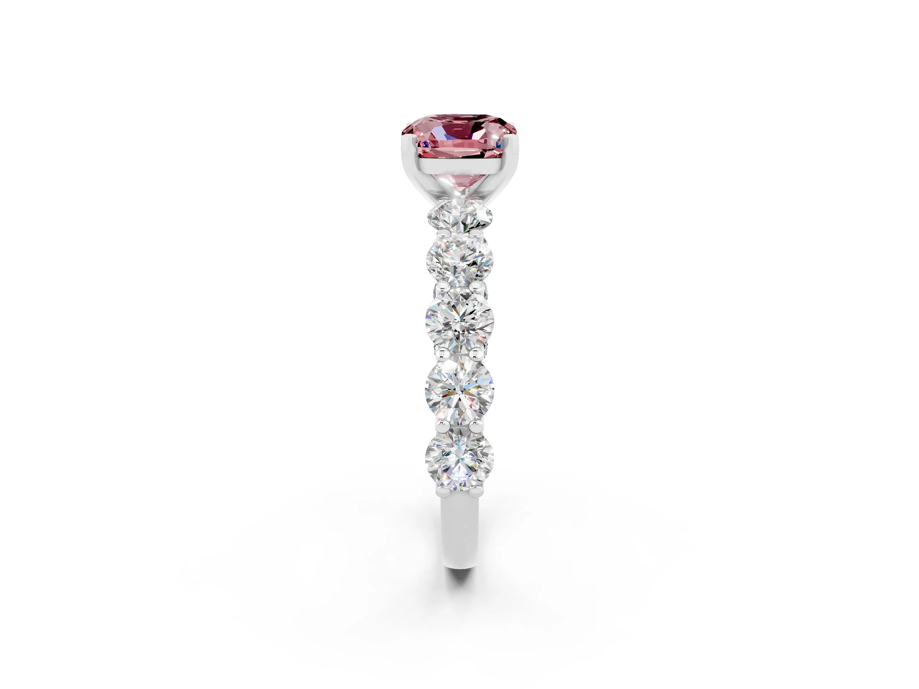White gold Cushion Cut Morganite Prong Setting with Side Stones on a Pave Band_2