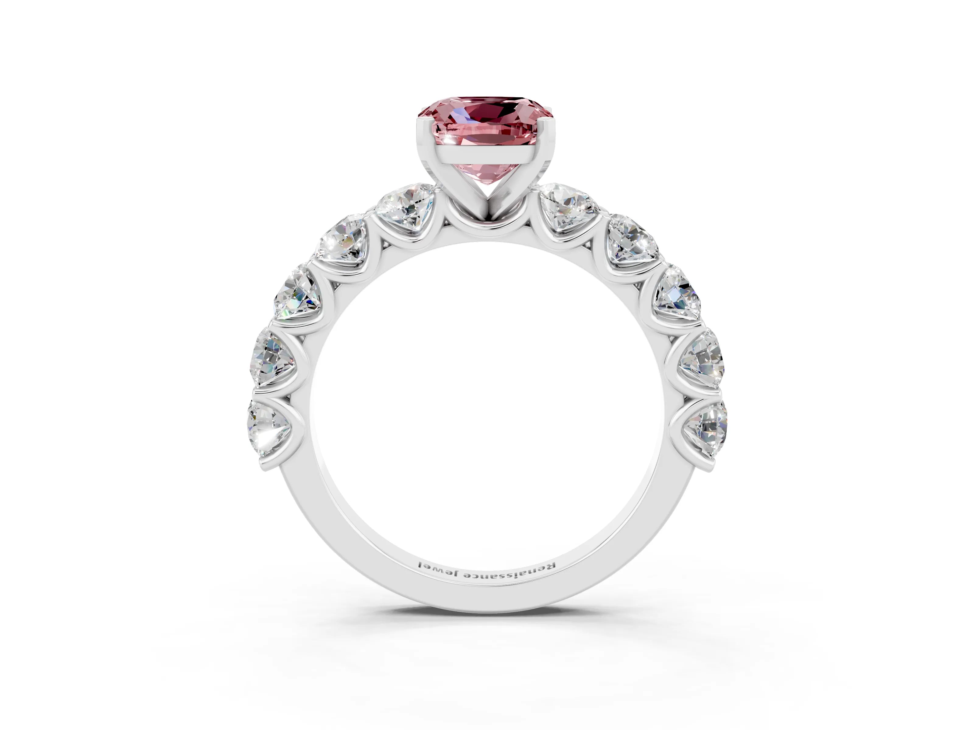 White gold Cushion Cut Morganite Prong Setting with Side Stones on a Pave Band_3